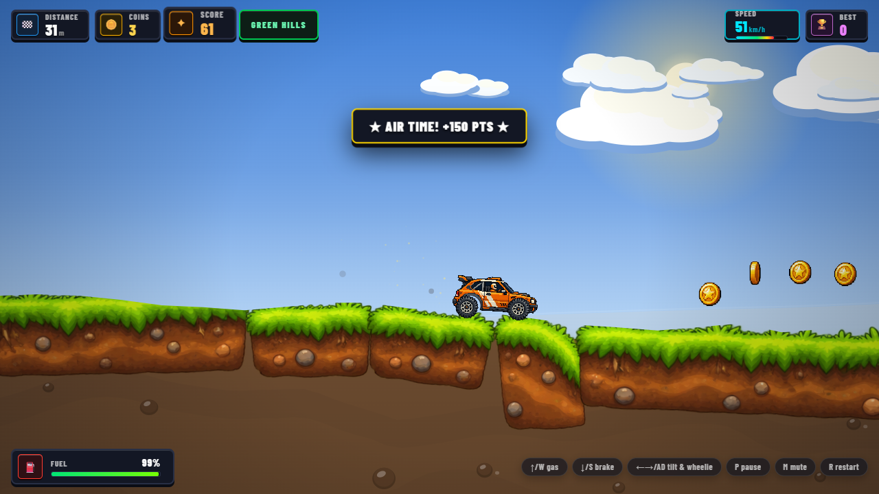 Turbo Hills gameplay preview showing steep hill ascent