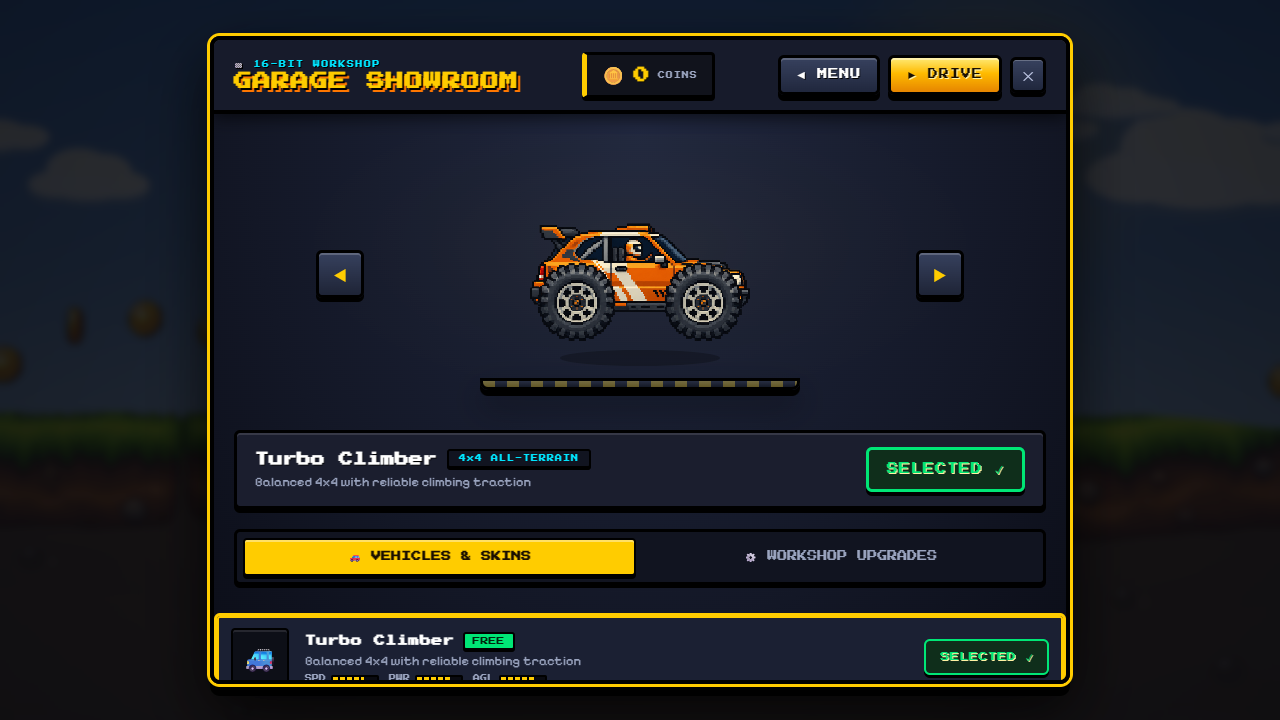Garage upgrade screen showing vehicle tuning and statistics